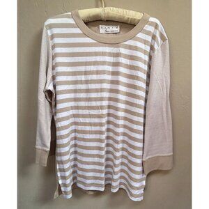 Debra C Beverly Hills Womens Round Neck Pima Cotton Striped 3/4 Sleeve Top Tan
